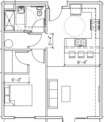 Floor plan for 1 bed, 1 bath, 621 sqft